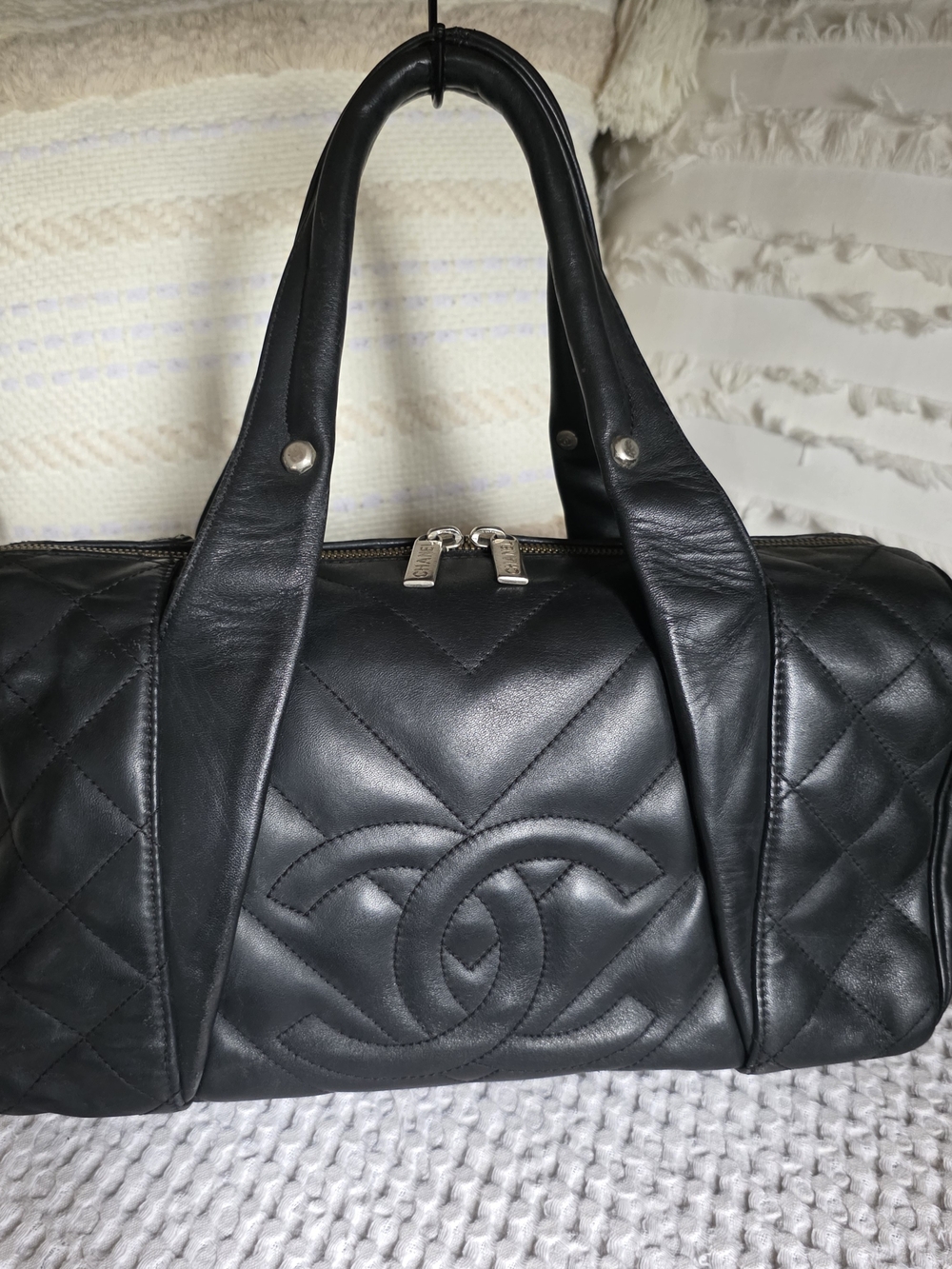 Chanel Calfskin CC Chevron All Day Long Boston bag in black